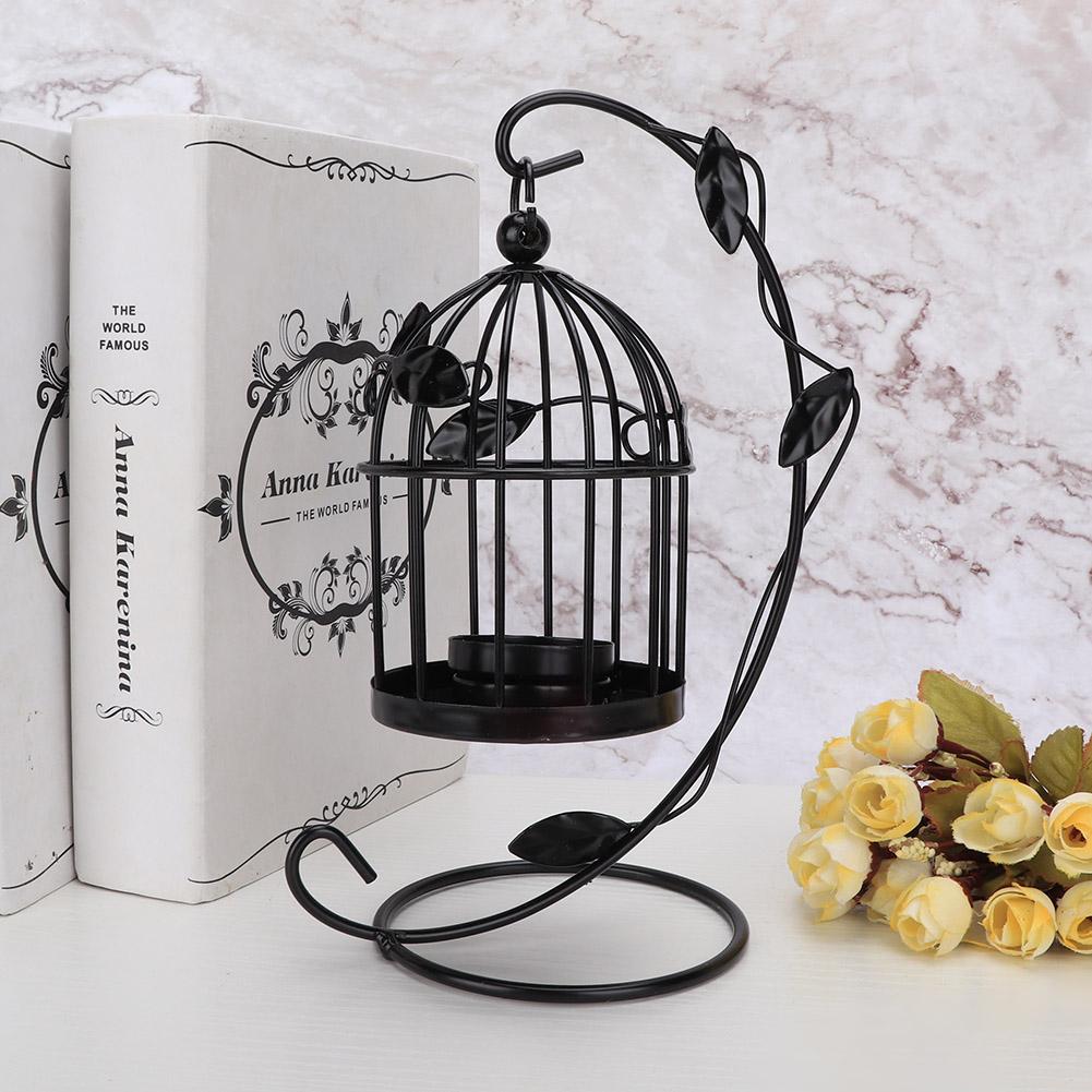Retro Hollow Out Bird Cage Iron Hanging Candle Holder Candlestick Lantern Home Decor (Black)