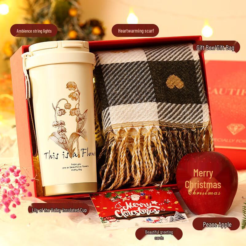 Festive Gift Set: Lily of the Valley Thermal Mug, Heart Scarf & Apple
