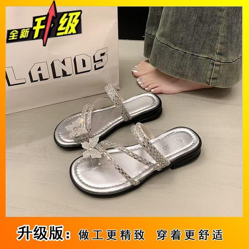 Flat bottom set of toes Internet celebrity French rhinestone slippers 2025 new with skirt women's beach sandals women's summer wear
