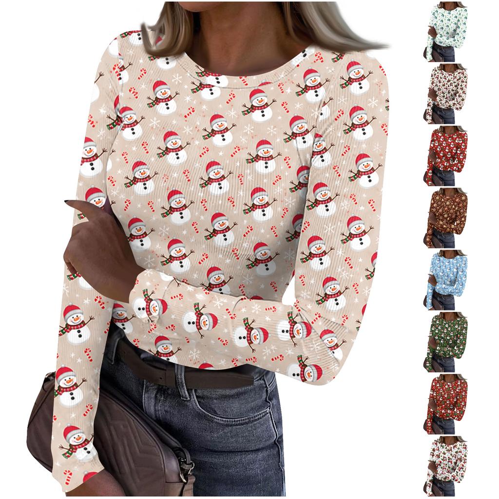 Women's Casual Christmas Print Long Sleeve Top for Holiday Party and Everyday Wear