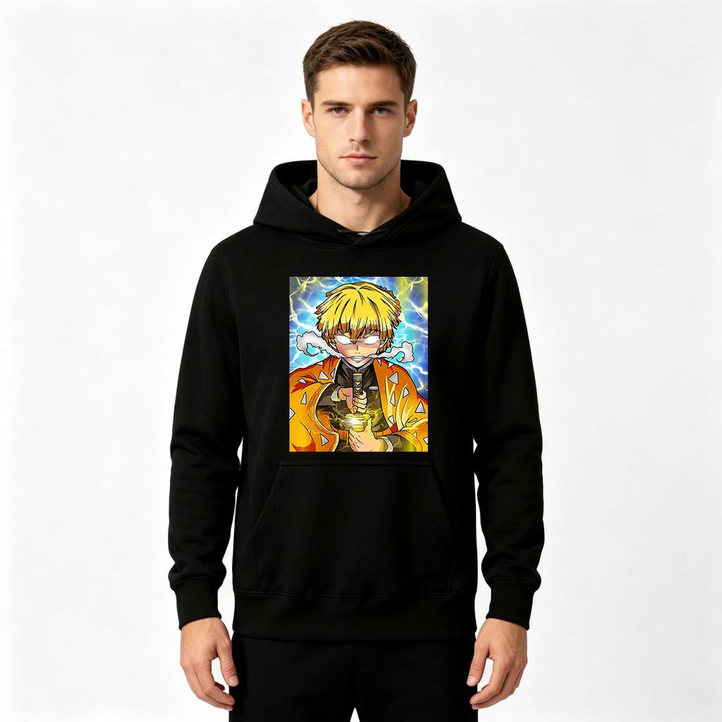Men Anime Print Pullover Hoodie, Casual Yellow Hair Character Lightning Pattern Long Sleeve Hooded Sweatshirt