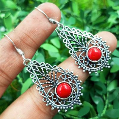 Coral Gemstone 925 Sterling Silver Plated Girl's Hook Earrings Jewelry PQY-IJ12440