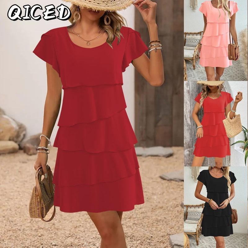 QICED Fashion Summer Spring Solid Color Print Short Sleeve O-Neck Casual Dresses