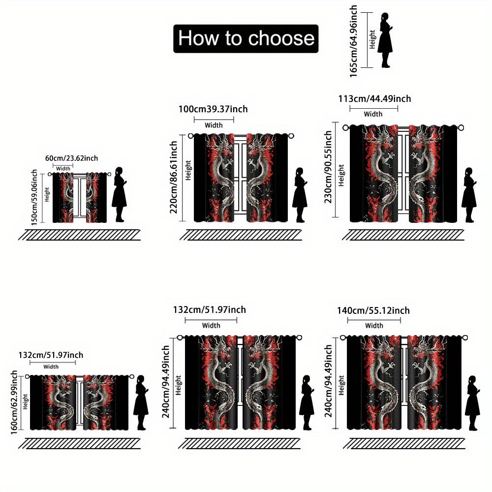 2pc Japanese Dragon Curtains – Black & Red   Light-Filtering Rod Pocket for Living Room   Bedroom & Kitchen (Rod Not Included)