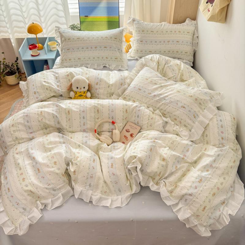 2026 Princess Style Cotton Lace Student Bedding Set - 4 Pieces
