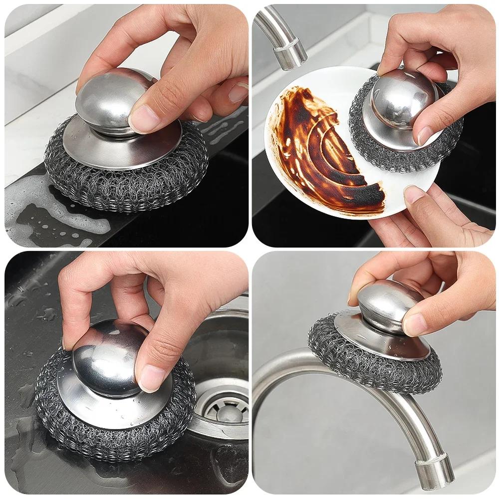 1/6Pcs Stainless Steel Kitchen Pot Brush with Ergonomic Handle Wire Ball Cleaning Tools Home Kitchen Dish Washing Accessories