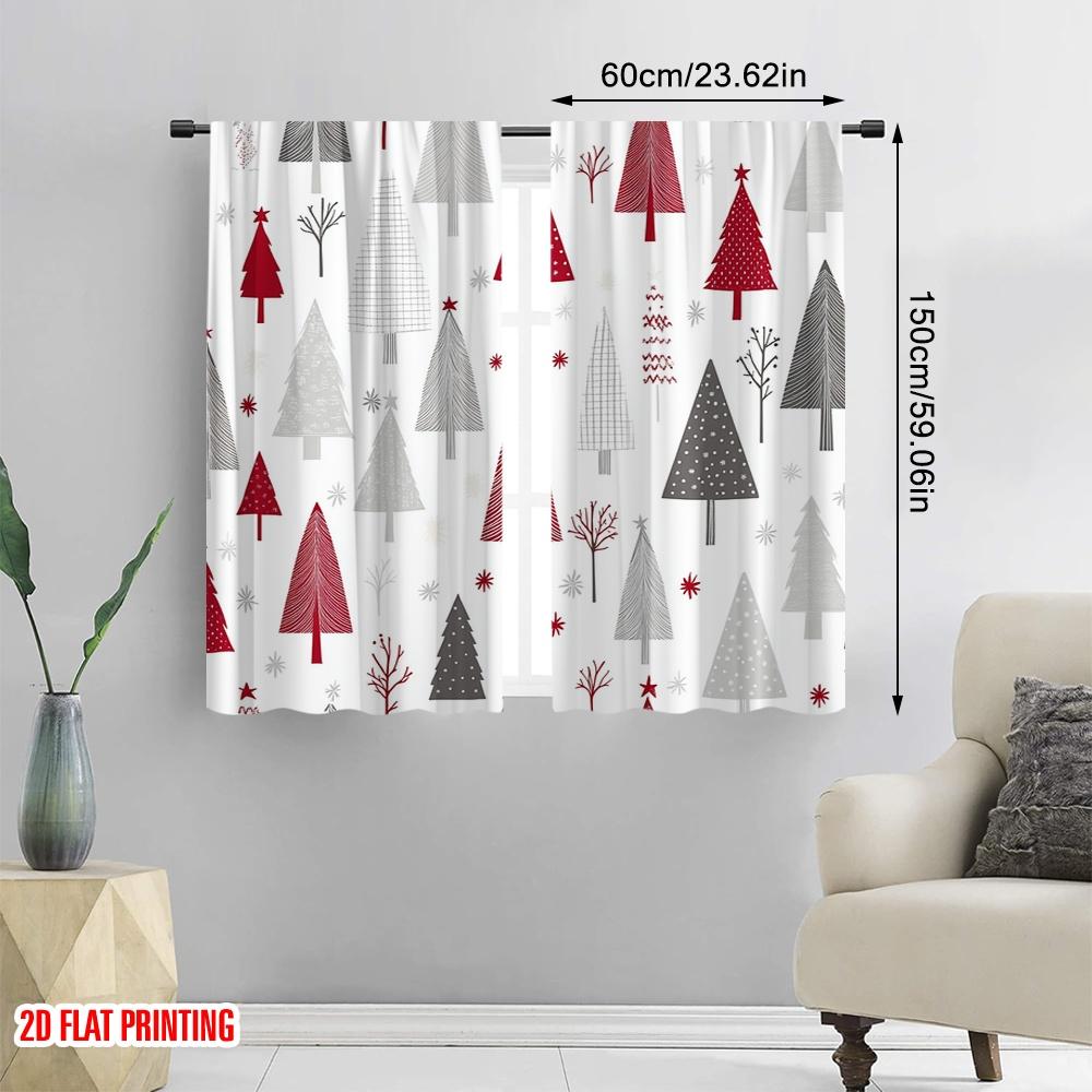2pcs,2D plane printing Curtains Digital Printed Christmas Trees Red Grey Beige (3) Versatile 100% Polyester (without rod)