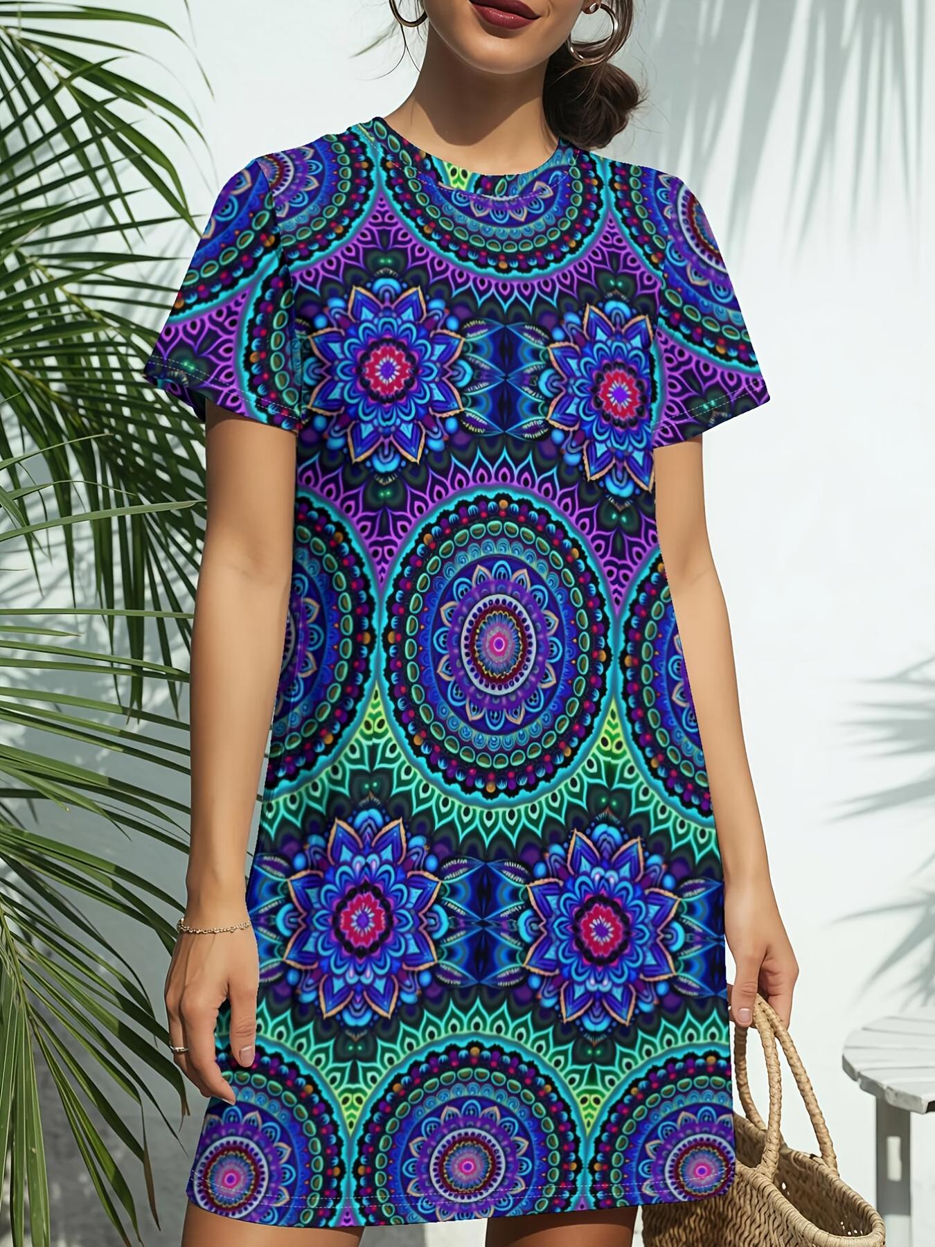 

Women s Short Sleeve T-Shirt Dress with Mandala Print T-Shirt ; Dress Length - Crew Neck Casual Summer Dress. Regular Fit Blouse-Compatible Style Suit 4XL дубильна кора