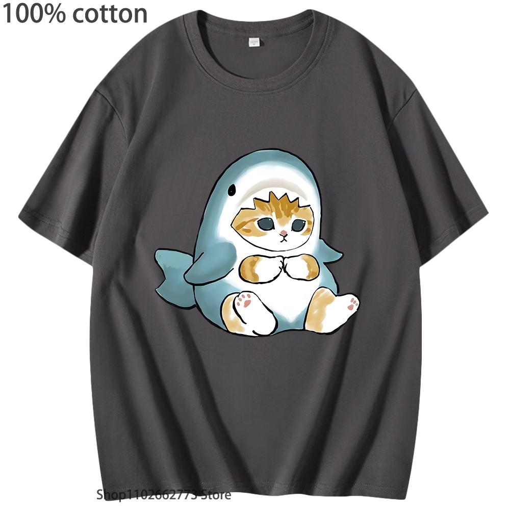 Loviness Katzenhai T-Shirts für Mädchen Niedliche Katzen Print T-Shirt 100% Baumwolle Sommer Rundhals T-Shirts Ästhetisch Kurzarm