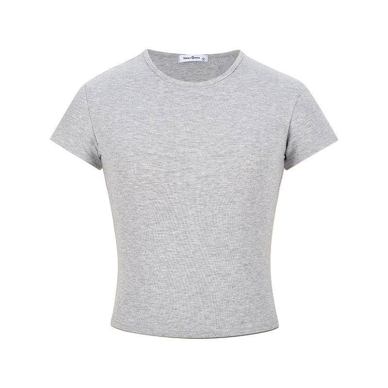Korean Pink Slim-fit Short-sleeved T-shirt Women's Summer New Front Shoulder Crew Neck Thin Chic Bottoming Shirt