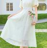Goddess style French square collar printed waist cinching slimming and high-end pearl chain dress