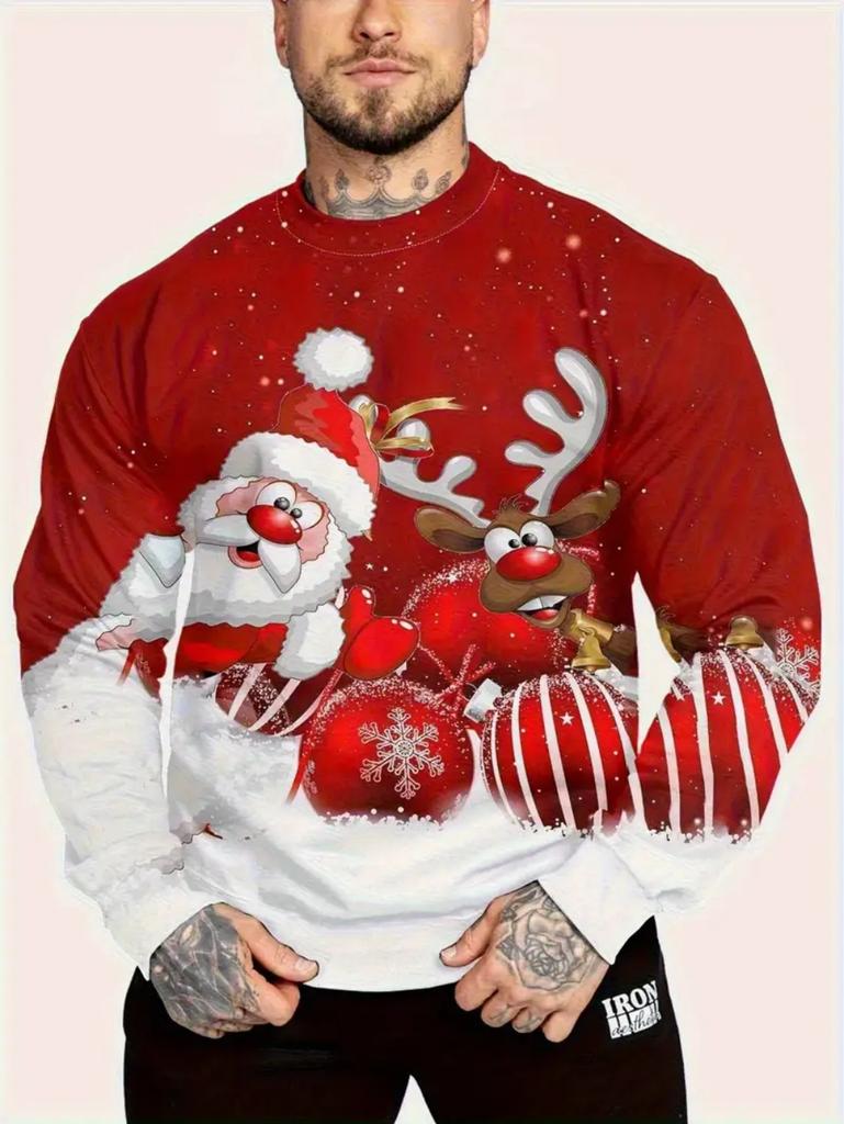T-Shirts for Man Christmas Santa Claus 3D Print Casual Men's Long Sleeve Tee Pullover Crew Neck Y2k Tops Autumn Men's Clothing