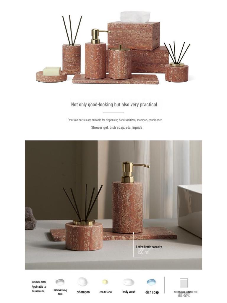 DecoTalk Wabi-sabi Red Travertine Bathroom Washbasin Set with Aromatherapy Tissue Box Tray