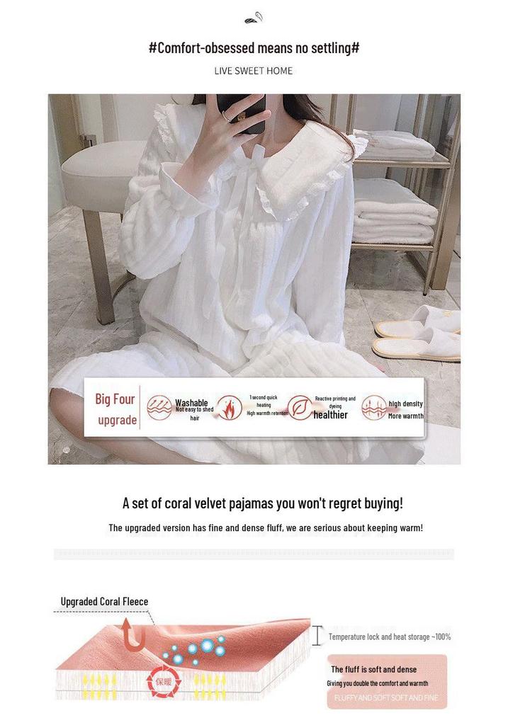 Sweet Flannel Princess Pajamas: Mid-Length Korean-Style Loose Coral Fleece Sleep Dress