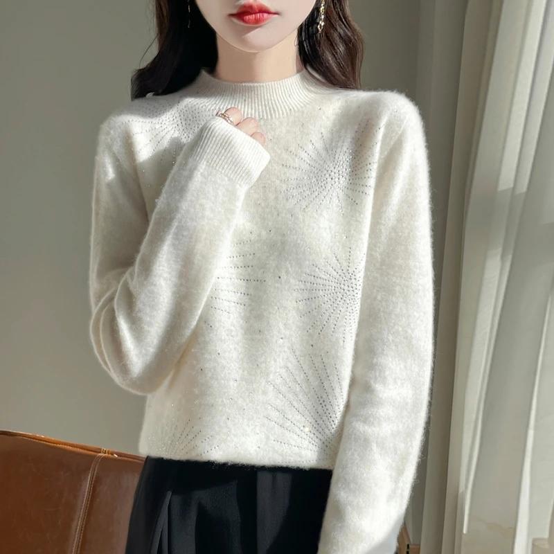 Suéter para Mujer Otoño Invierno Pulóver Espesado Cálido Tejido a Rayas Cuello Redondo Capa Base Elástico Manga Larga Jerséi Oversize Tops