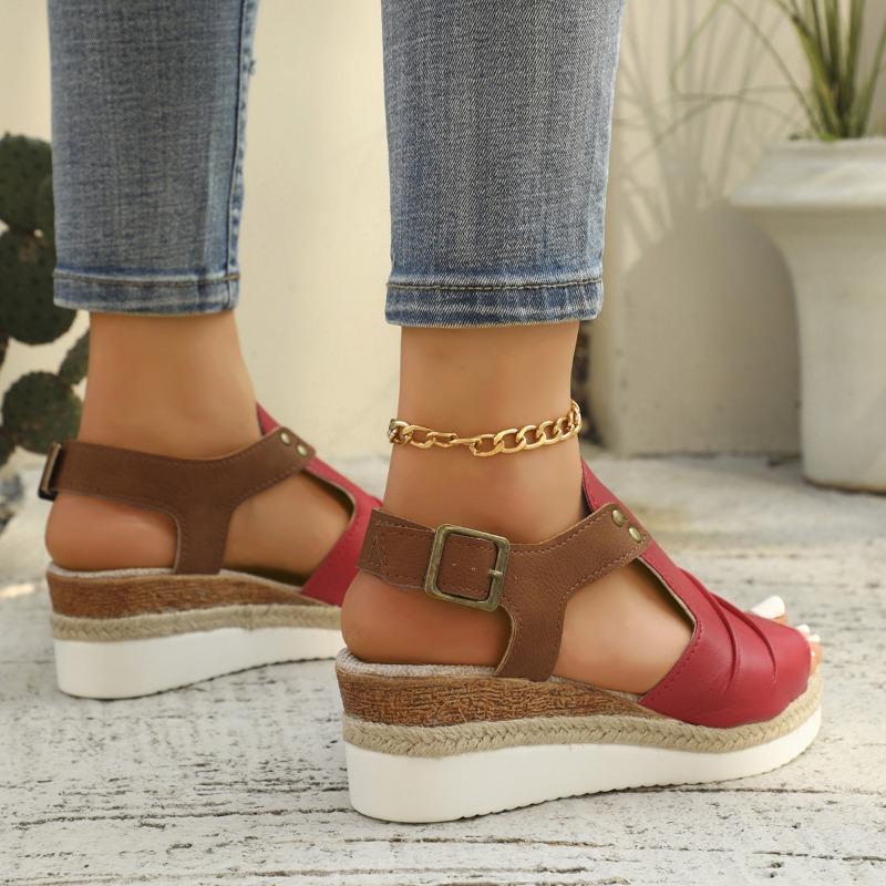 Plus Size Slope Heel Sandals Women Buckle Outer Wear Beach Sandals Slippers