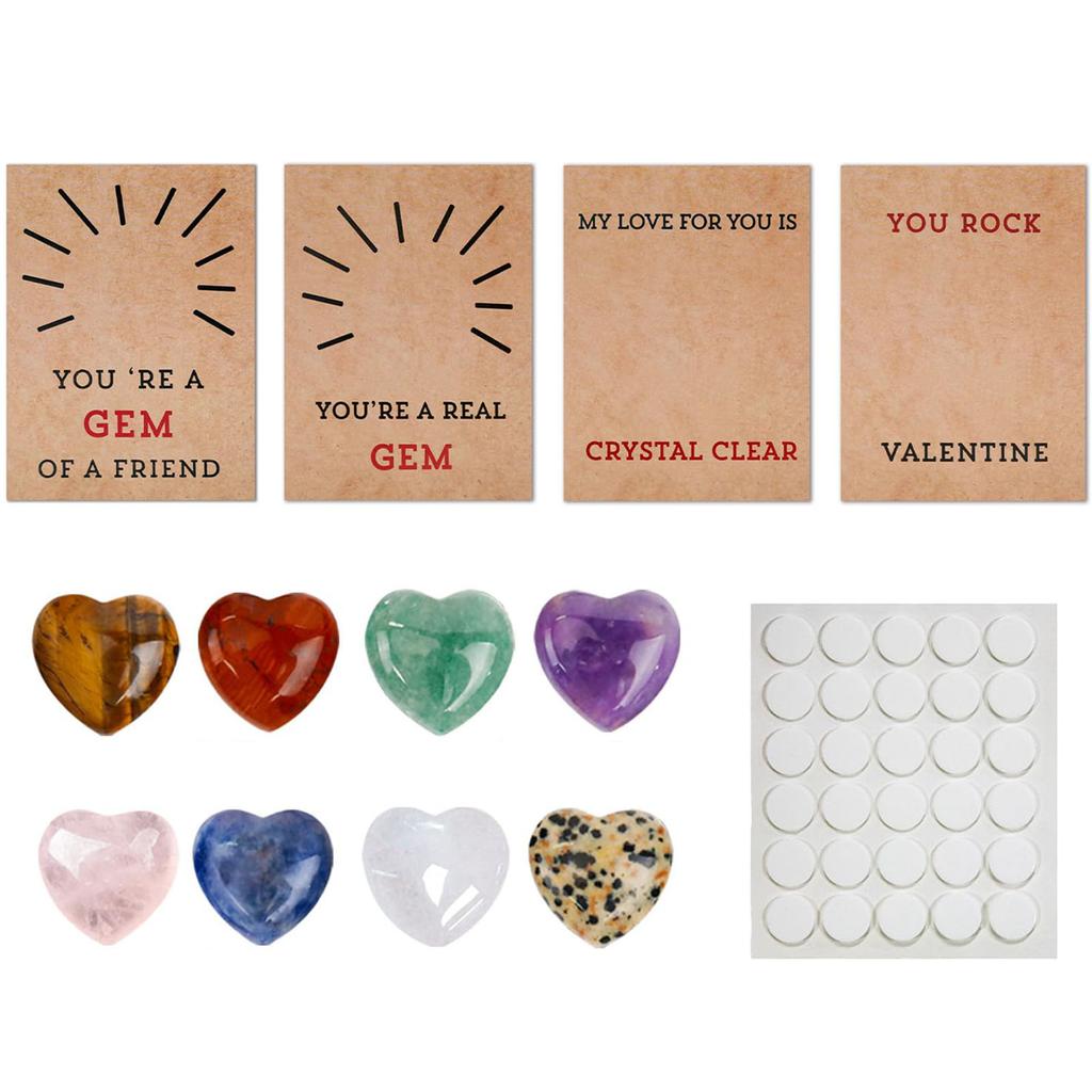 24pcs Valentine Heart Cards with Natural Crystal Stones 8 Different Polished Stones for Classroom Exchange School Activities