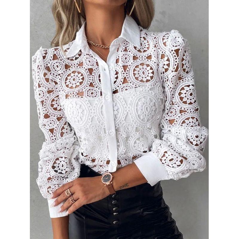 

Lace Shirt Single Brewed Top for Women Lace blouse Single Breasted Top Women WHITE S(S)