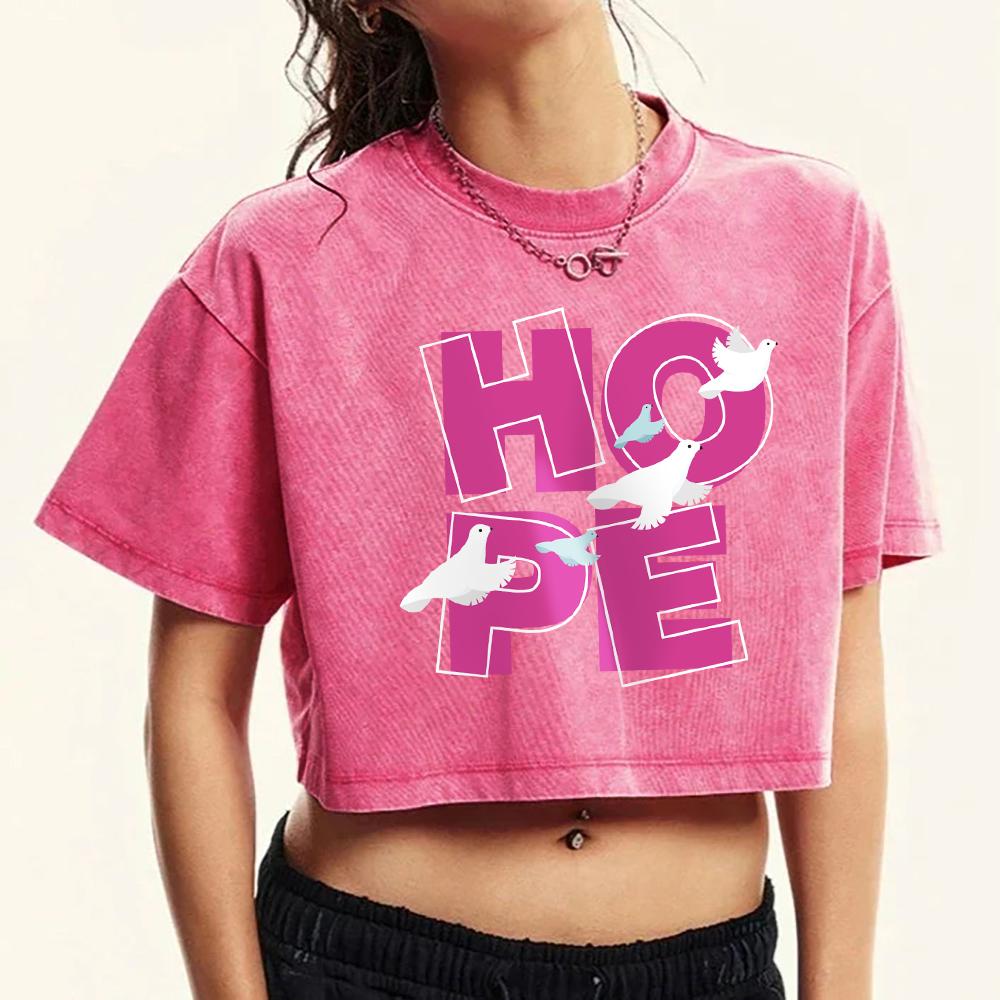 Hope Pigeon Pink Letter Printing Womens Washed Crop T-Shirts Retro Cotton Tee Shirt Fashion T Shirts Crewneck Slim Tops