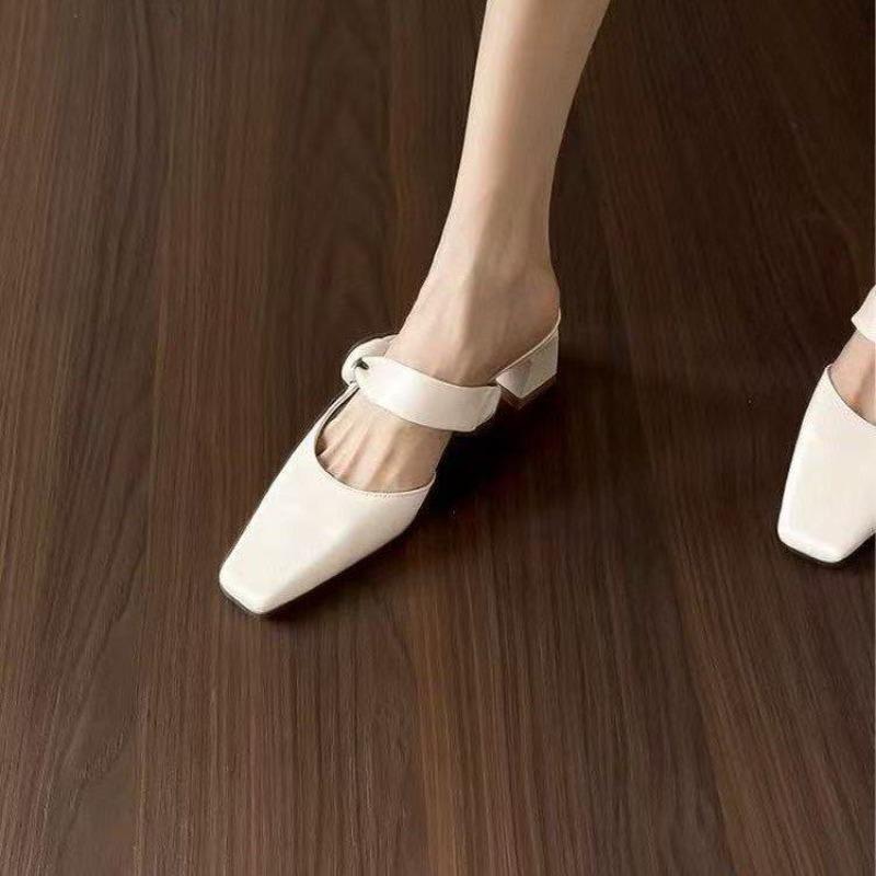 Summers New Style Evening Breeze Baotou Half Slippers French Low Heel Women's Shoes Summer New Thick Heel Slippers Zapatos Mujer
