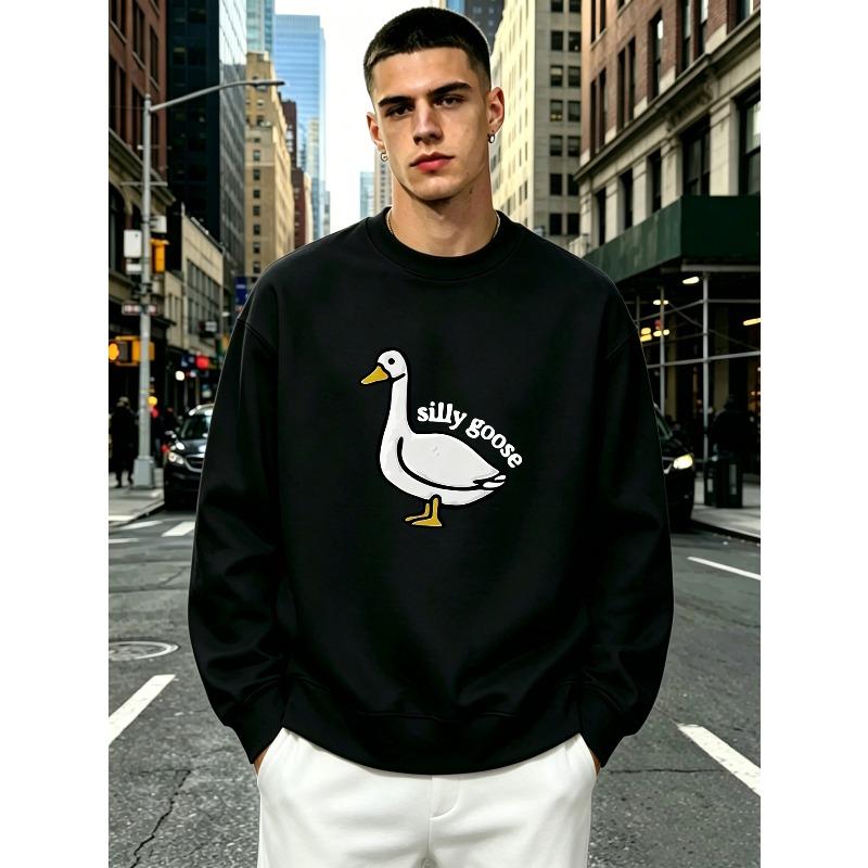 Men'S Crew Neck Long Sleeve Sweatshirt, Cute Cartoon White Goose Graphic Print Pullover with "Silly Goose" Letter Pattern