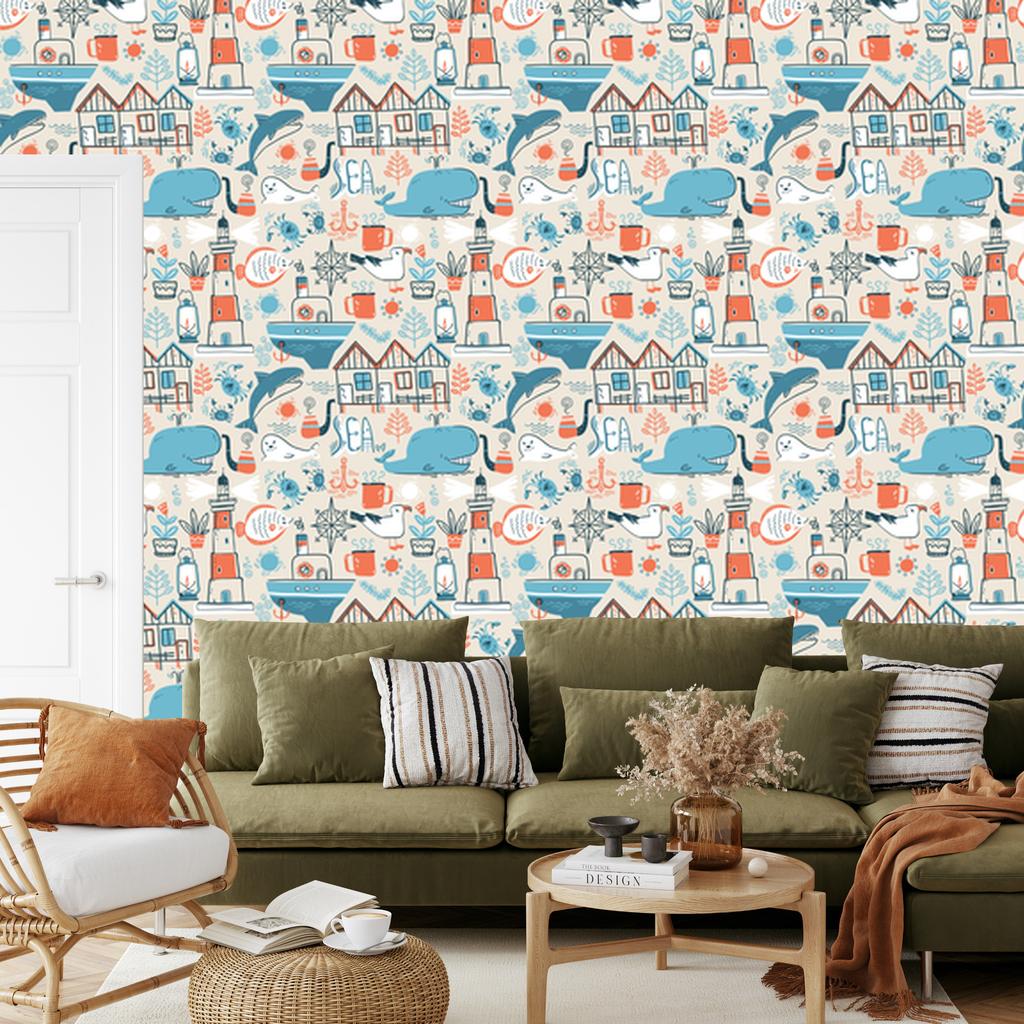 Scandinavian style sea animals wallpaper for living room and bedroom 50x1000