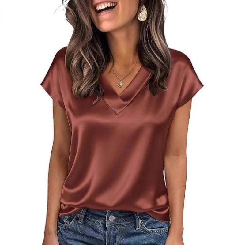 Damska koszulka Wiosna i Lato Jednolity Kolor Biznesowe Top V-neck Casual Luźne Damskie Koszulki Moda Prosty Elegancki Satynowy Biurowy Damski T-shirt