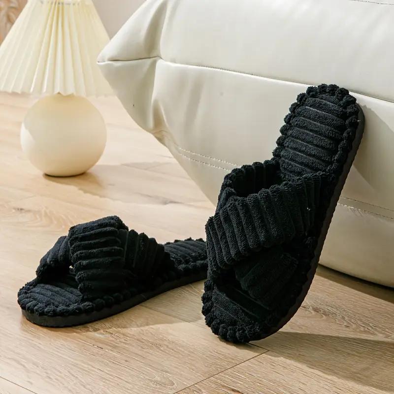 Open Toe Plush Slippers Female, Indoor Thick Soled Warm Plush Shoes, Cotton Slippers Female