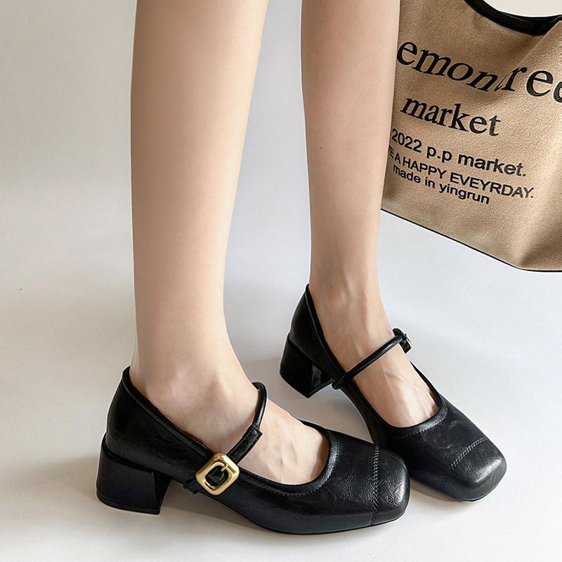 Дизайнерські Вінтажні Жіночі Туфлі Мері Джейн на Товстому Каблуці Британський Стиль Квадратний Носок Шкіряні Туфлі Весна Осінь Лаконічні Zapatos De Mujer