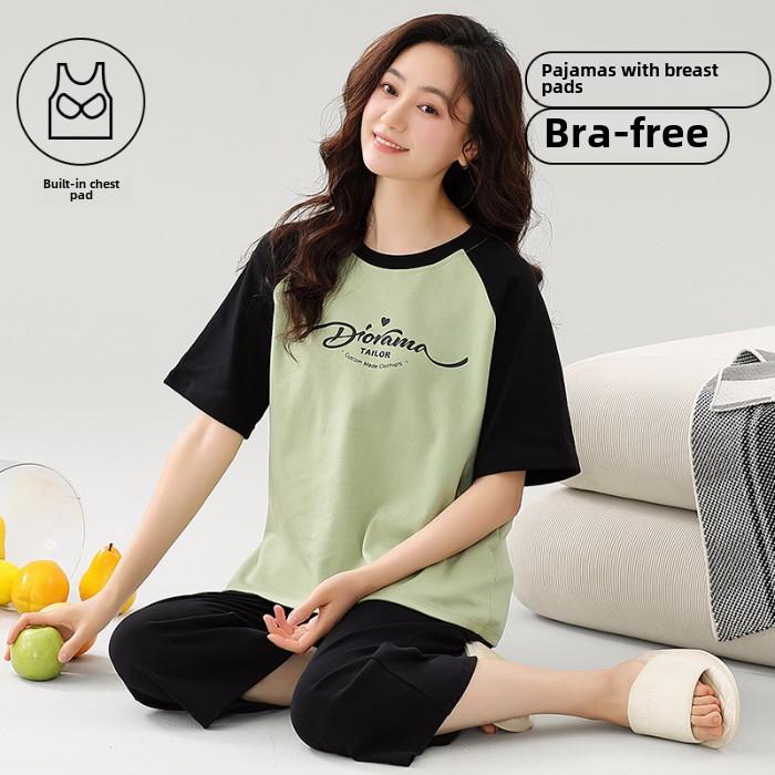 2025 Sommer Damen Pyjama Set mit Brustpolster Weich locker Kurzarm Oberteile und Caprihosen Zweiteilige Nachtwäsche Lingerie Homewear