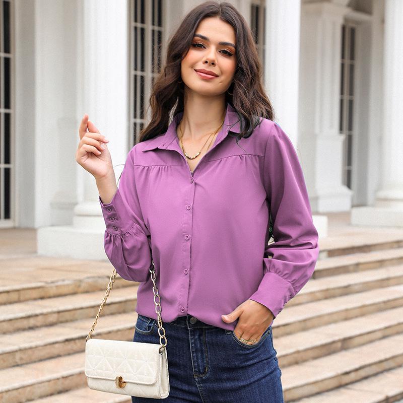 Women's Solid Color Stand Collar Loose Long Sleeve Button-Up Shirt