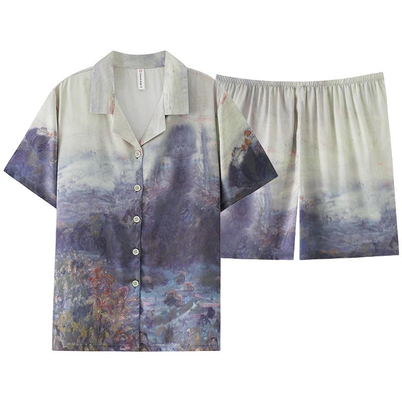 Premium Pajamas Women's Summer Ice Silk Short Sleeves Fat Mm Ice and Snow Silk Simulation Silk Suit New Chinese National Style
