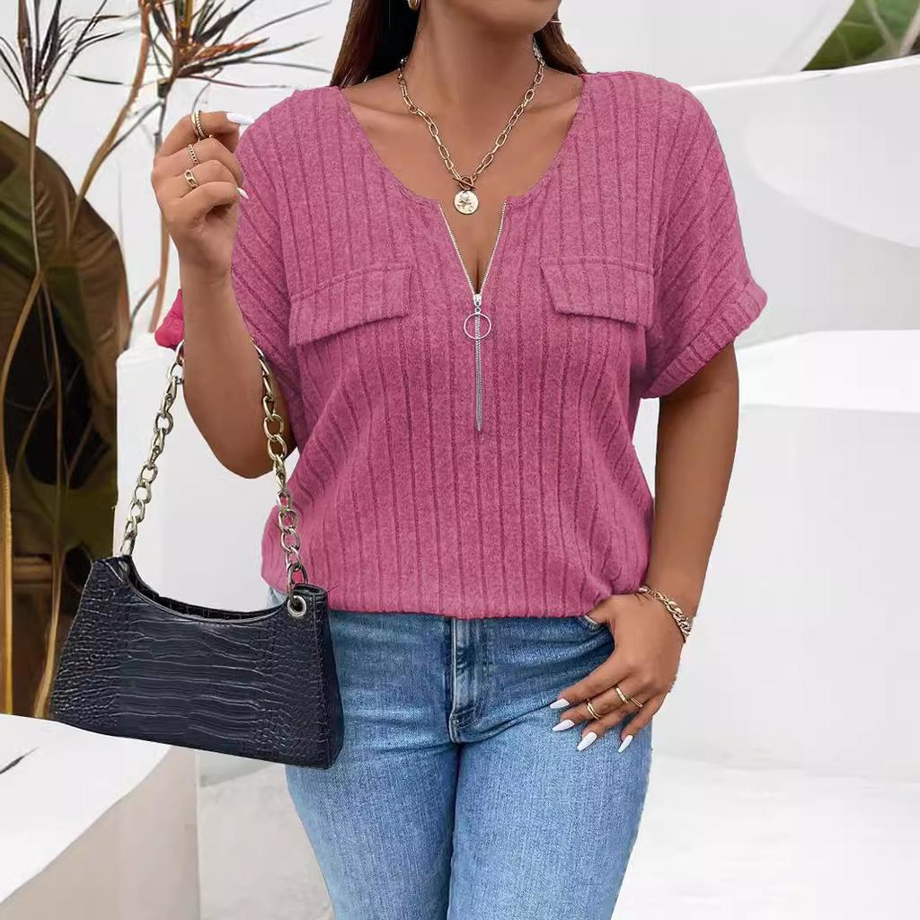 New solid color plus size women's blouse zipper short-sleeved fake pocket pullover T-shirt loose