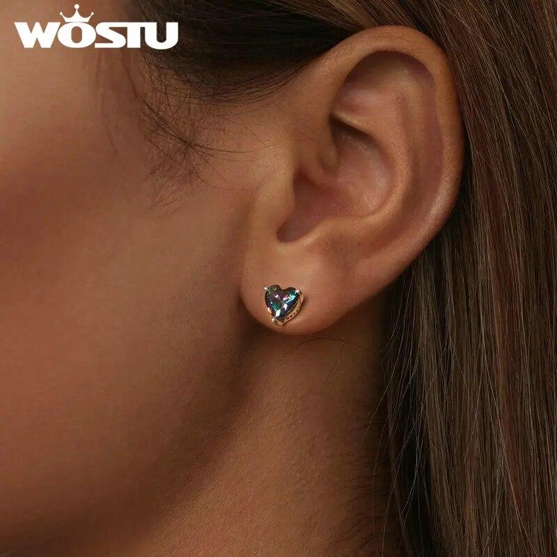 WOSTU 925 Sterling Silver 7MM Heart Stud Earrings Women Rainbow Mystic Topaz Wedding Earring Party Jewelry Gift For Mom Daugther