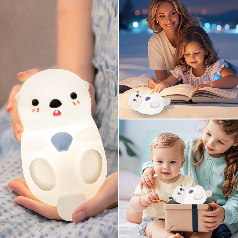 Cute Sea Otter Silicone Night Light Rechargeable LED Bedside Lamp with Touch Sensor 2 Modes Dimmable Brightness For Room Decor