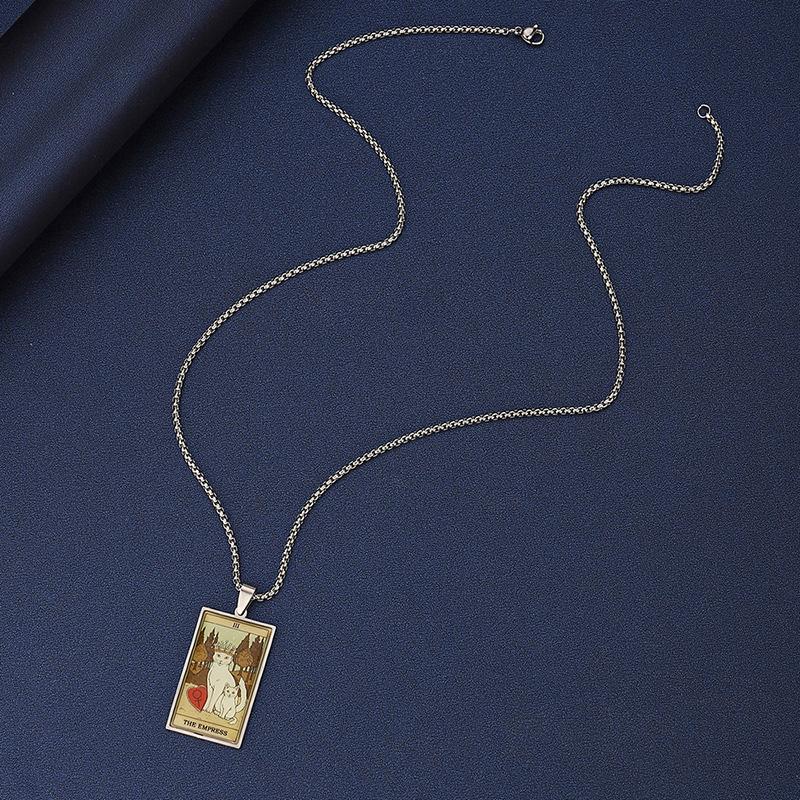 Stainless Steel Epoxy Cat Tarot Card Pendant Necklace For Men Boys Animal Divination Jewelry
