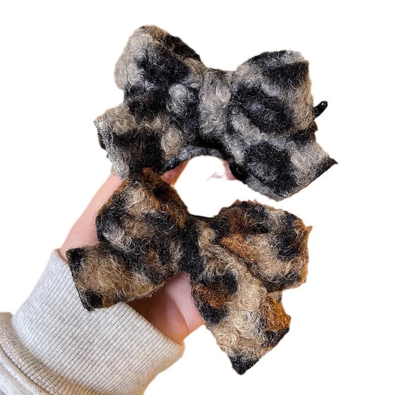 Autumn and Winter Woolen Bow Hair Clips Women's Bun Hair Clips Horse Tail Shark Clips Leopard Print Hair Clips