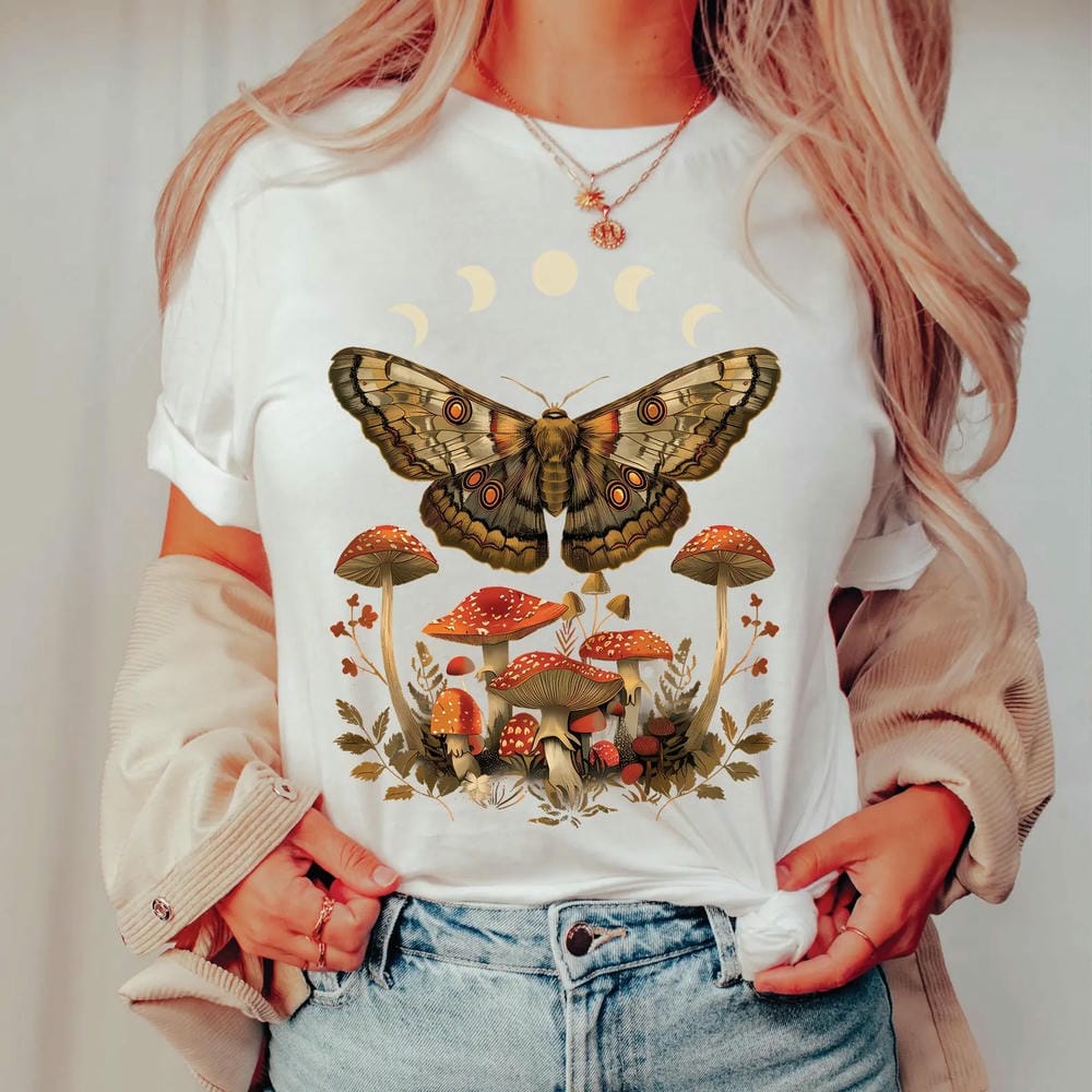 Damska Vintage Dark Academia Goblincore Ćma Fazy Księżyca Grzyby Vintage Cottagecore Estetyka Unisex Góra Krótki Rękaw Streetwear