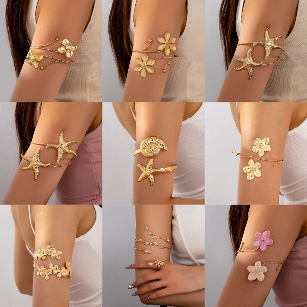 Metal Wide Open Bangle Multi Style Flower Bracelet Stylish Opening Arm Bracelet  Hand Jewelry