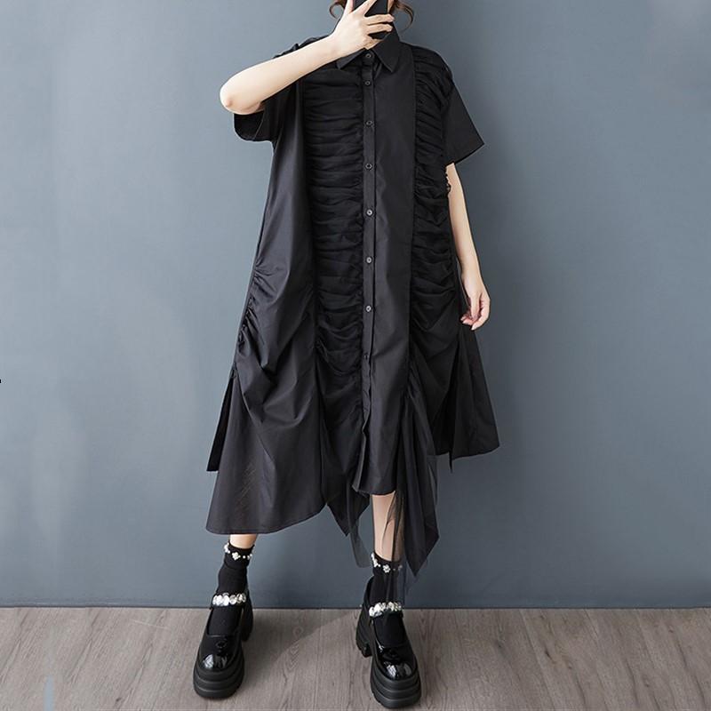 Vestido camisero largo holgado informal de verano de manga corta y talla grande de malla de algodón vintage nuevo para mujer