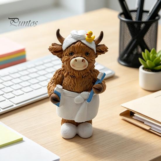 Creative Resin Craft Figure Bathroom Highland Cow Figurine, in Bathrobe Statue, Cute Healing Style Room Decorations Animal Ornament for Farmhouse Home