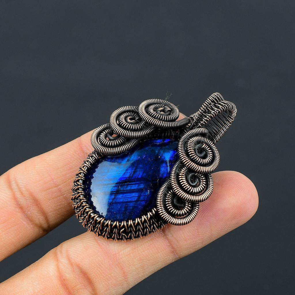 Natürlicher blauer Labradorit-Edelstein, handgefertigt, Kupferdraht-Wickelanhänger, 5,6 cm, p2Z78
