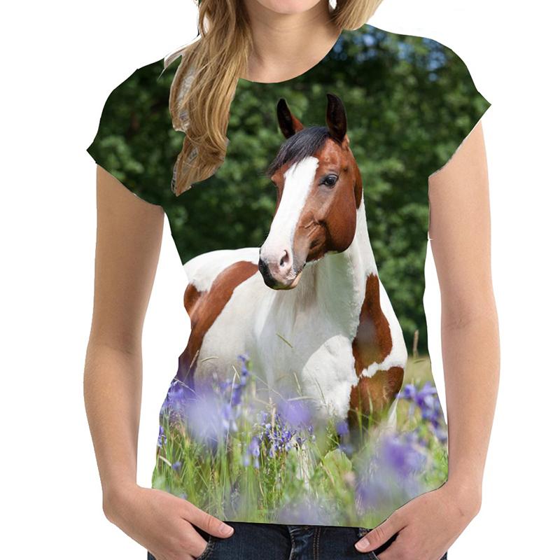 Summer Round Neck 3D Print Horse Pattern Top Fashionable Casual Short Sleeved Women's T-shirts