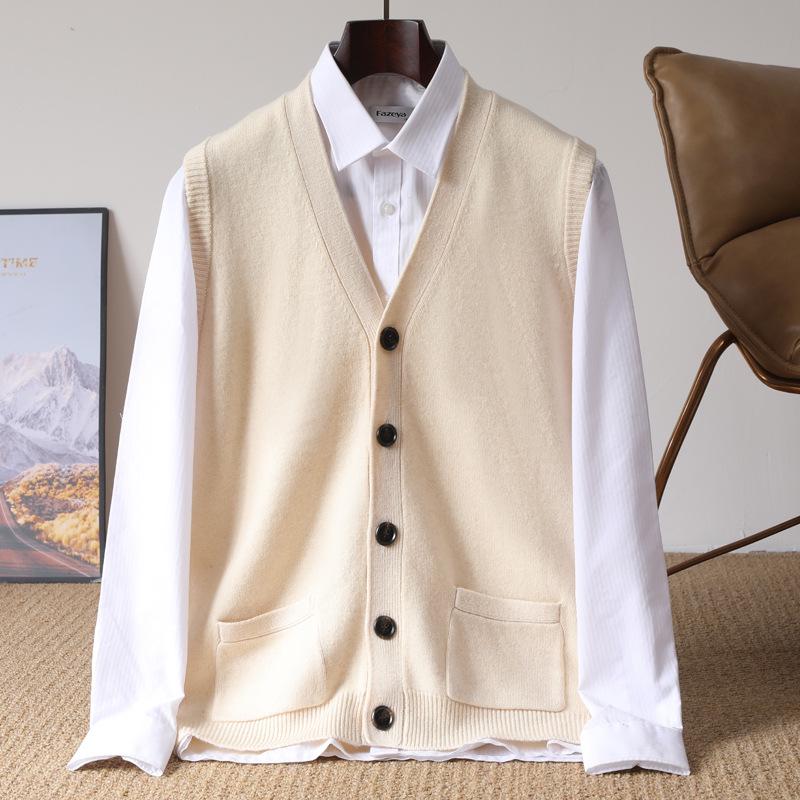 Men`s 100% Wool V-Neck Sleeveless Cardigan