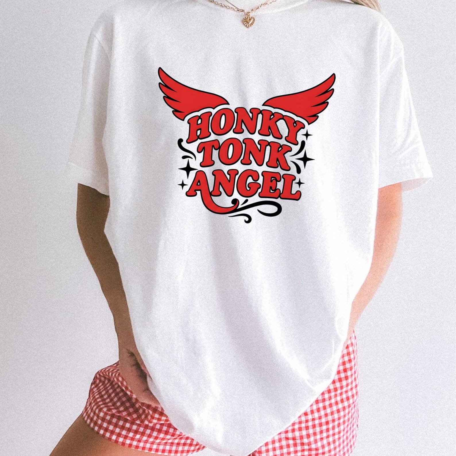 Honky Tonk Angel Shirt, Wings Graphic Comfort Colors 1717 Tee, Trendy Retro Country Music Top S