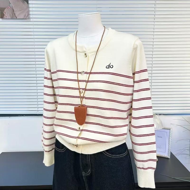 Autumn Round-neck Long-sleeved Striped Letter-embroidered Thin Knitted Cardigan for Women