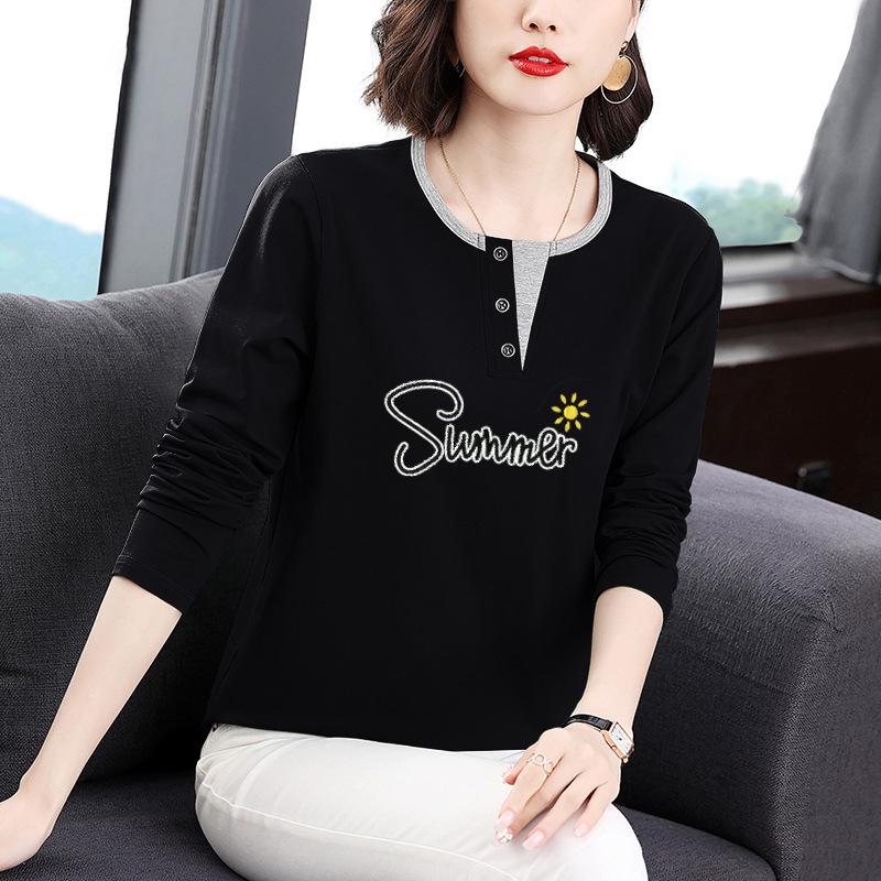 Dámské tričko s dlouhým rukávem z čisté bavlny - 2025 Korejská móda, Všestranné, Volný střih, Omlazující potisk na jaro a podzim.