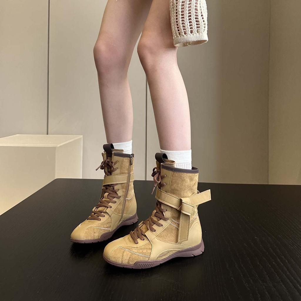 Vintage mjuka läderboxningsstövlar dam höst 2025 nya brittisk stil Martin-stövlar Maillard platå medelhöga stövlar