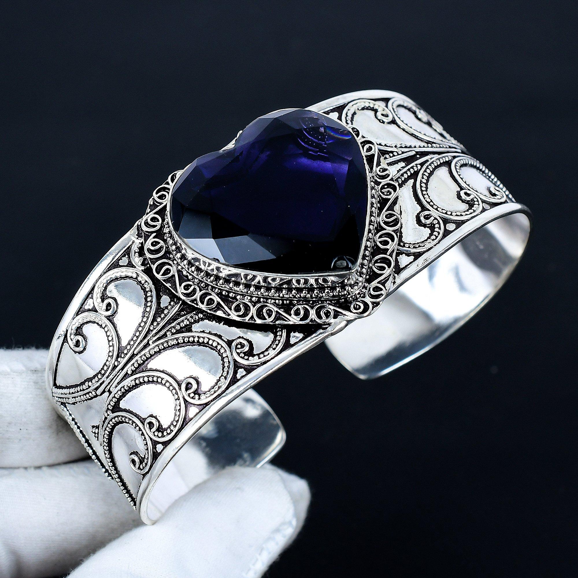 

Blue Sapphire Heart Gemstone Bracelet, Bangle Adjustable Bracelet, 925 Sterling Silver Jewelry, Engagement Gift, Blue Sapphire Bracelet Wadding Gift Adjustable синій