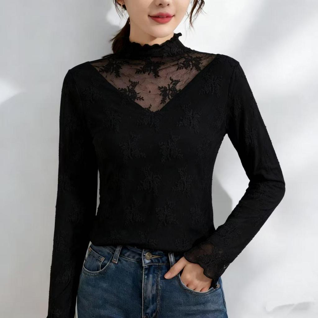 Women's High-End Lace Base Layer Top, Autumn/Winter, Velvet Warmth, Mesh Jacquard Collar, Slightly Sheer, Stylish Design